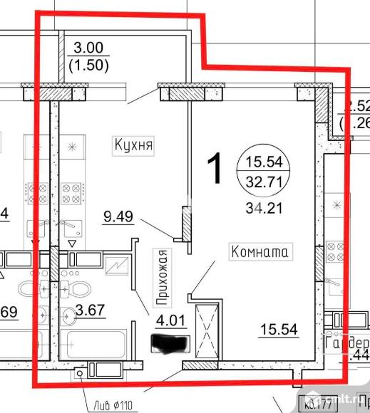 1-комнатная квартира 34,21 кв.м. Фото 1.