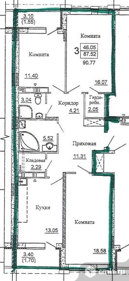 3-комнатная квартира 87,5 кв.м. Фото 1.