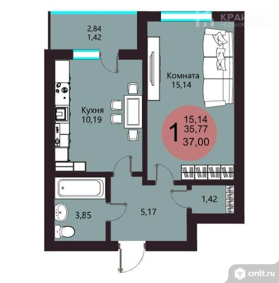 1-комнатная квартира 37,19 кв.м. Фото 1.