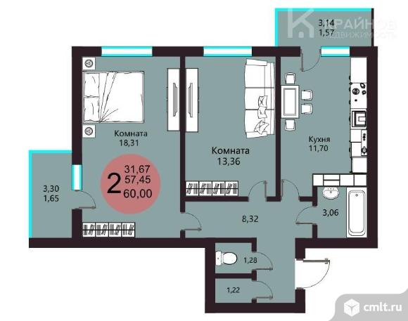 2-комнатная квартира 60,67 кв.м. Фото 1.