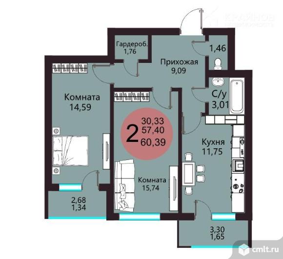 2-комнатная квартира 60,39 кв.м. Фото 1.