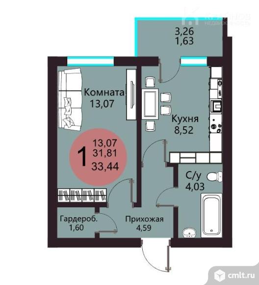 1-комнатная квартира 33,44 кв.м. Фото 1.