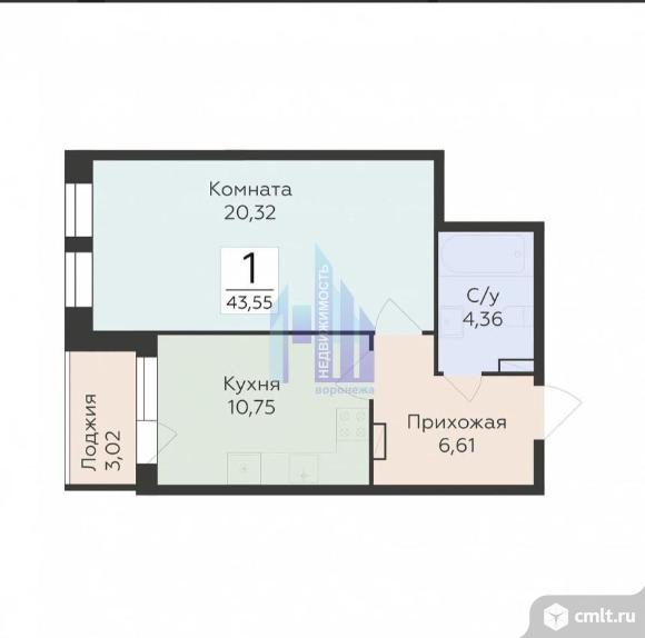 1-комнатная квартира 43,55 кв.м. Фото 3.