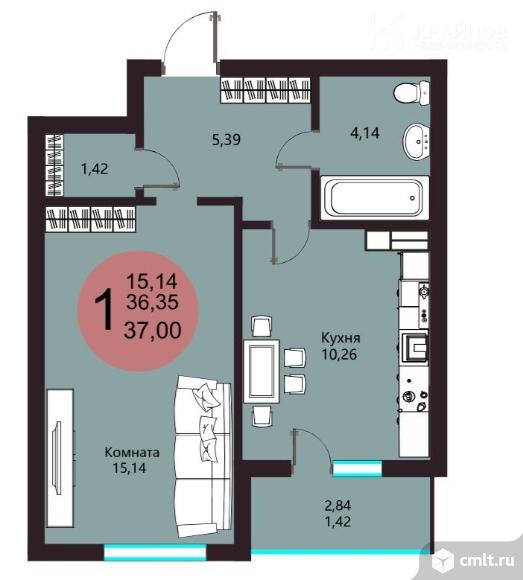 1-комнатная квартира 37,77 кв.м. Фото 12.