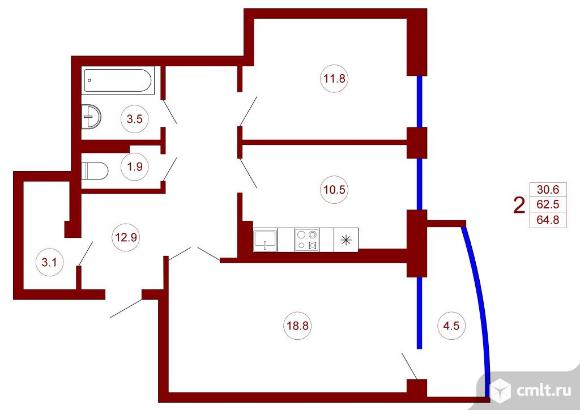 2-комнатная квартира 64,8 кв.м. Фото 6.