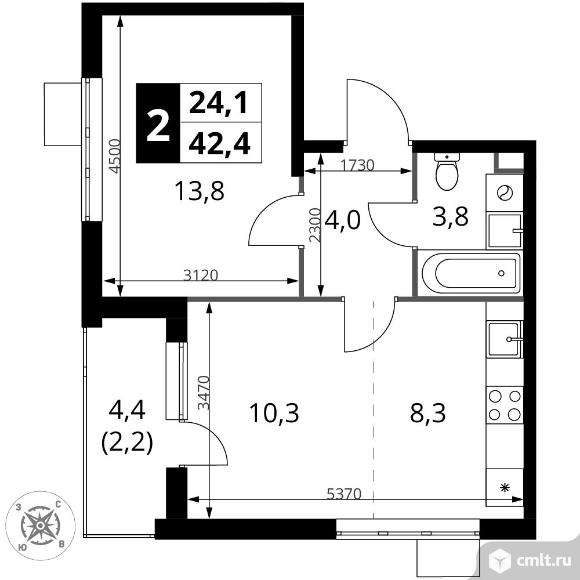 2-комнатная квартира 42,4 кв.м - ЖК "1-й Шереметьевский". Фото 1.