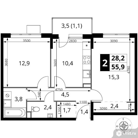 2-комнатная квартира 55,9 кв.м - ЖК "1-й Шереметьевский". Фото 1.