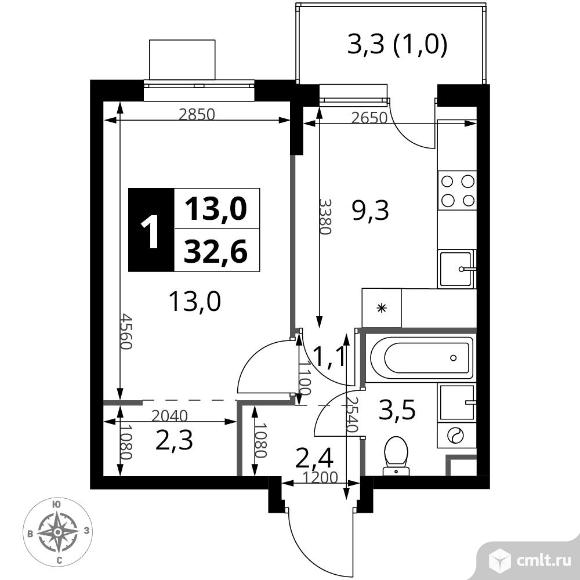 1-комнатная квартира 32,6 кв.м - ЖК "1-й Шереметьевский". Фото 1.