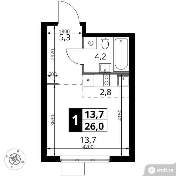 1-комнатная квартира 26 кв.м - ЖК "1-й Измайловский". Фото 1.