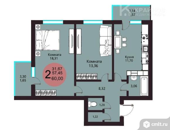 2-комнатная квартира 60,67 кв.м. Фото 18.