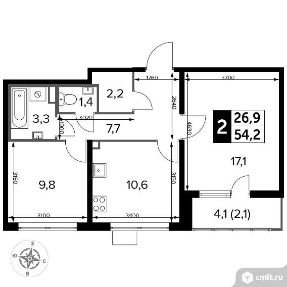 2-комнатная квартира 54,2 кв.м - ЖК «1-й Лермонтовский». Фото 1.