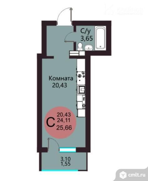 1-комнатная квартира 25,66 кв.м. Фото 11.