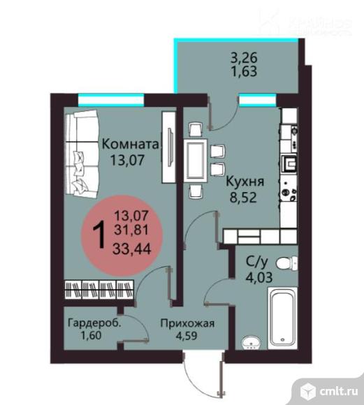 1-комнатная квартира 33,44 кв.м. Фото 15.