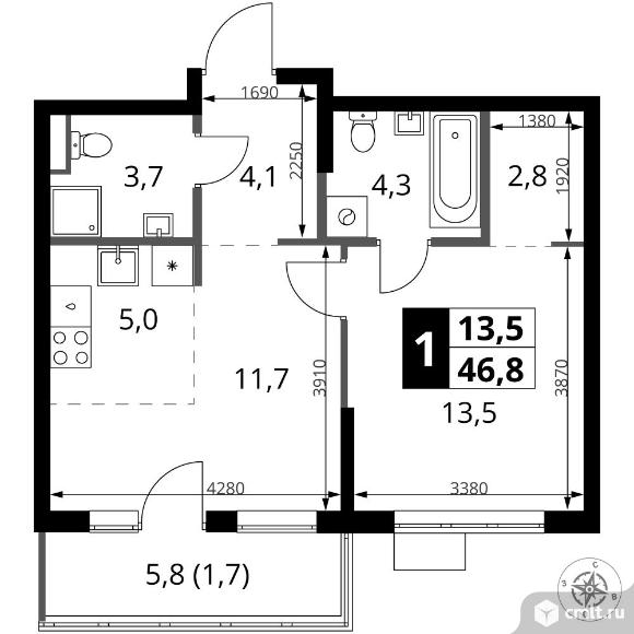 1-комнатная квартира 46,8 кв.м. Фото 1.