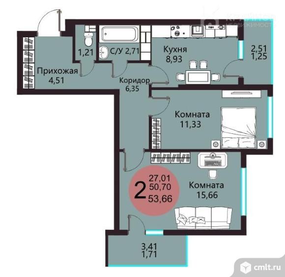 2-комнатная квартира 50,7 кв.м. Фото 1.