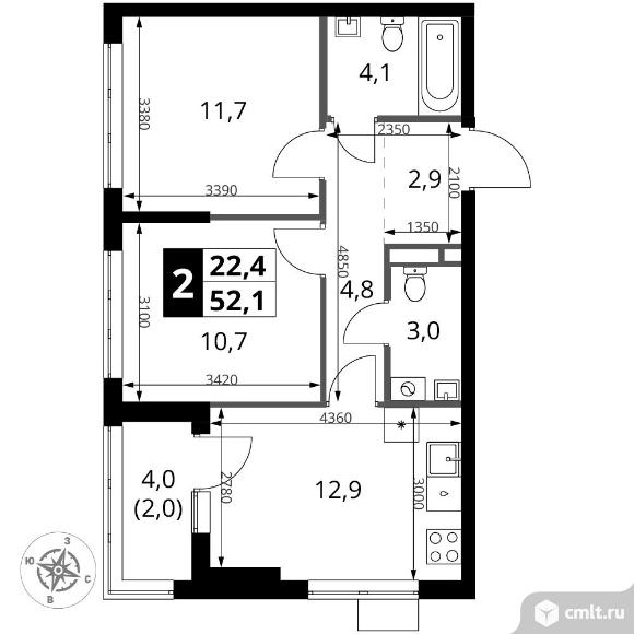 2-комнатная квартира 52,1 кв.м - ЖК "1-й Ясеневский". Фото 1.