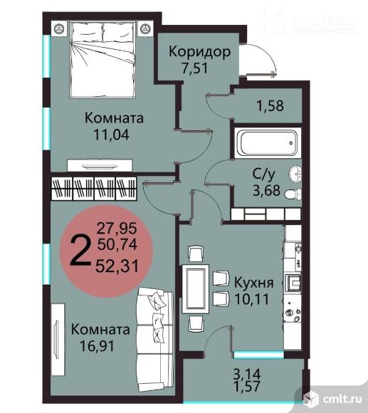 2-комнатная квартира 52,29 кв.м. Фото 1.