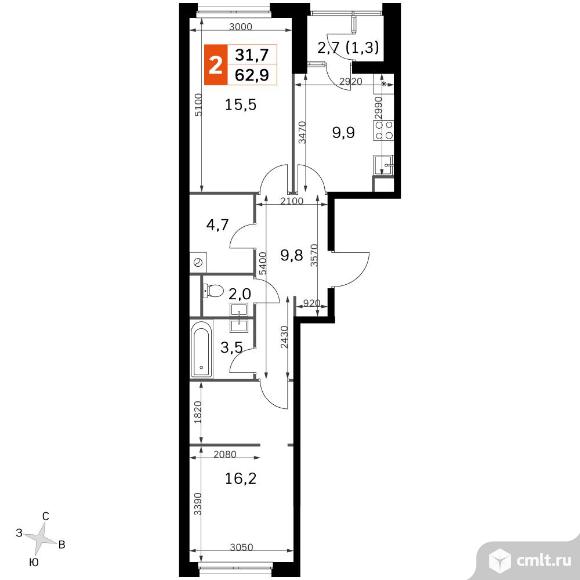 2-комнатная квартира 62,9 кв.м - ЖК "Sky Garden". Фото 1.