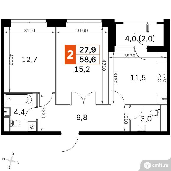2-комнатная квартира 58,6 кв.м - ЖК "Sky Garden". Фото 1.