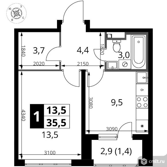 1-комнатная квартира 35,5 кв.м - ЖК "1-й Донской". Фото 1.