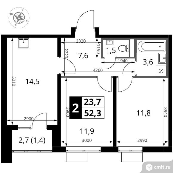 2-комнатная квартира 52,3 кв.м - ЖК "1-й Донской". Фото 1.