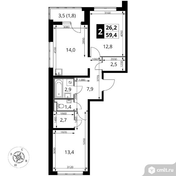 2-комнатная квартира 59,4 кв.м - ЖК "1-й Донской". Фото 1.