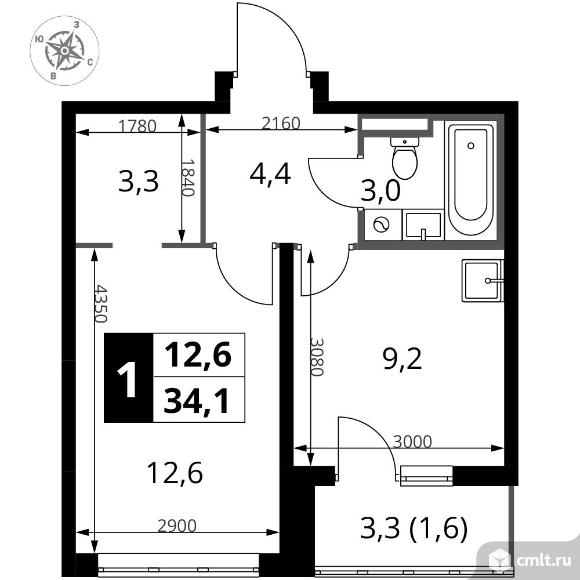 1-комнатная квартира 34,1 кв.м - ЖК "1-й Донской". Фото 1.