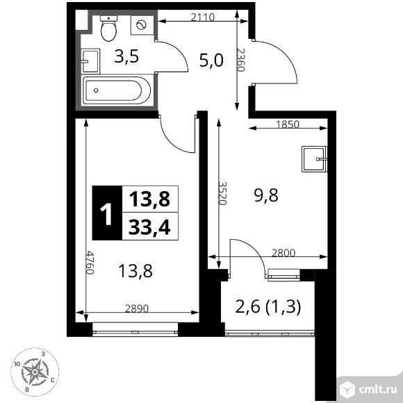 1-комнатная квартира 33,4 кв.м - ЖК "1-й Донской". Фото 1.