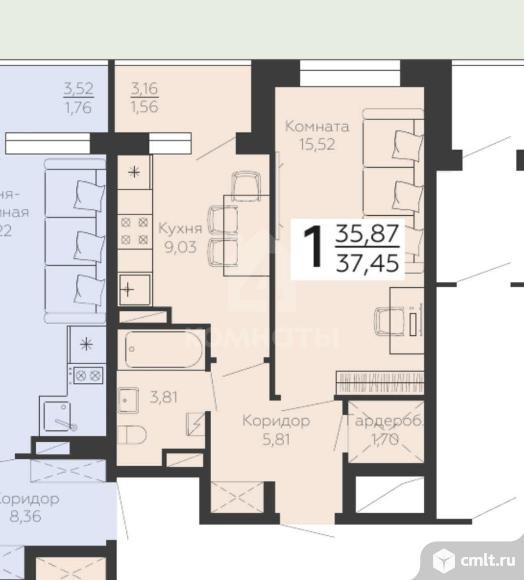 1-комнатная квартира 37,45 кв.м. Фото 11.