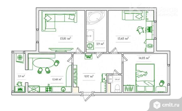 3-комнатная квартира 73,9 кв.м. Фото 1.
