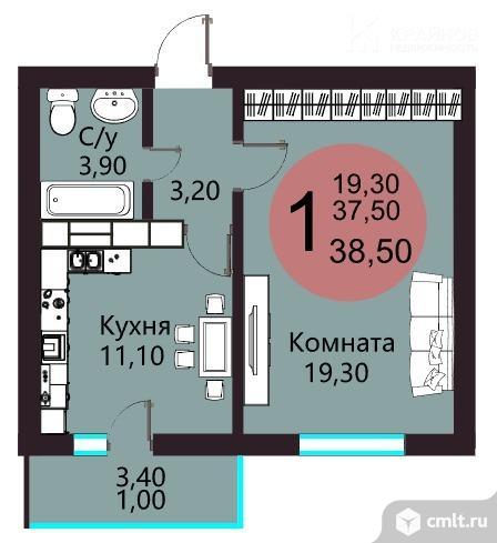 1-комнатная квартира 38,5 кв.м. Фото 13.