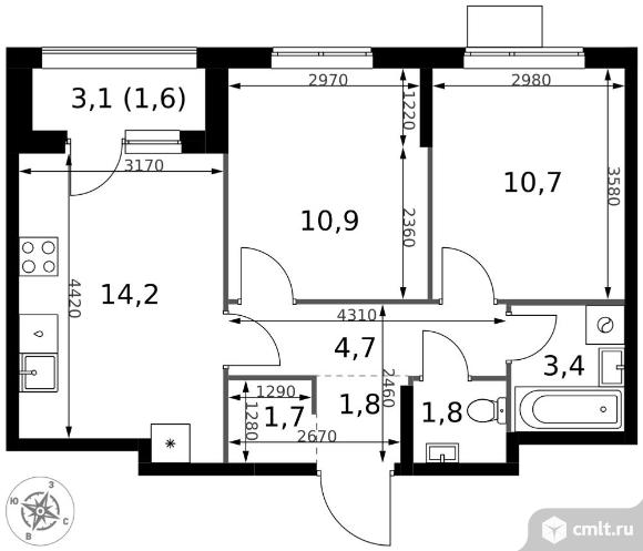 2-комнатная квартира 50,8 кв.м - ЖК "1-й Измайловский". Фото 1.