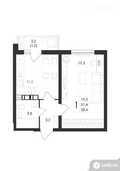 1-комнатная квартира 38,4 кв.м. Фото 1.