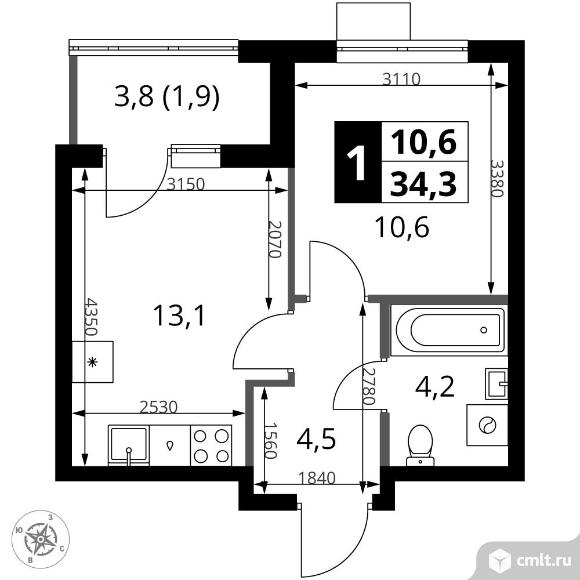 1-комнатная квартира 34,3 кв.м - ЖК "1-й Ясеневский". Фото 1.