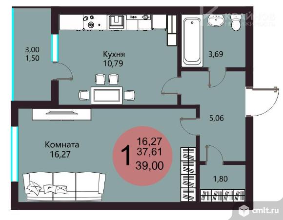 1-комнатная квартира 37,1 кв.м. Фото 1.