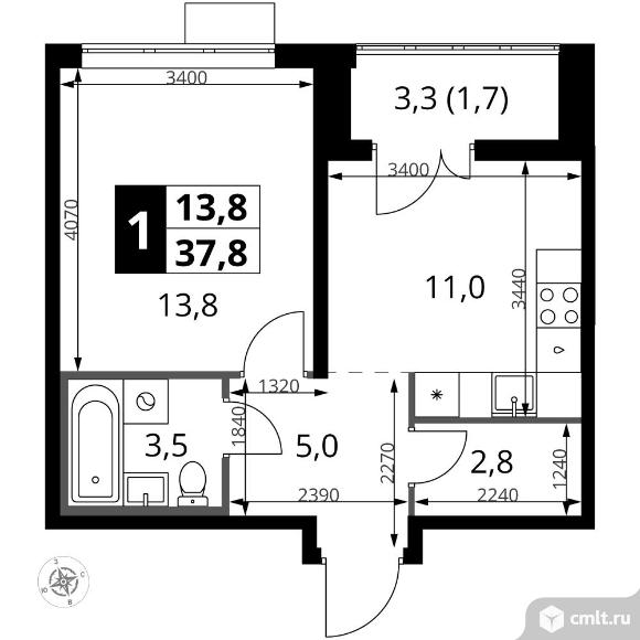 1-комнатная квартира 37,8 кв.м. Фото 1.