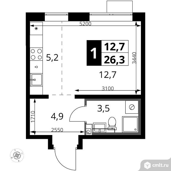 1-комнатная квартира 26,3 кв.м - ЖК "1-й Южный". Фото 1.