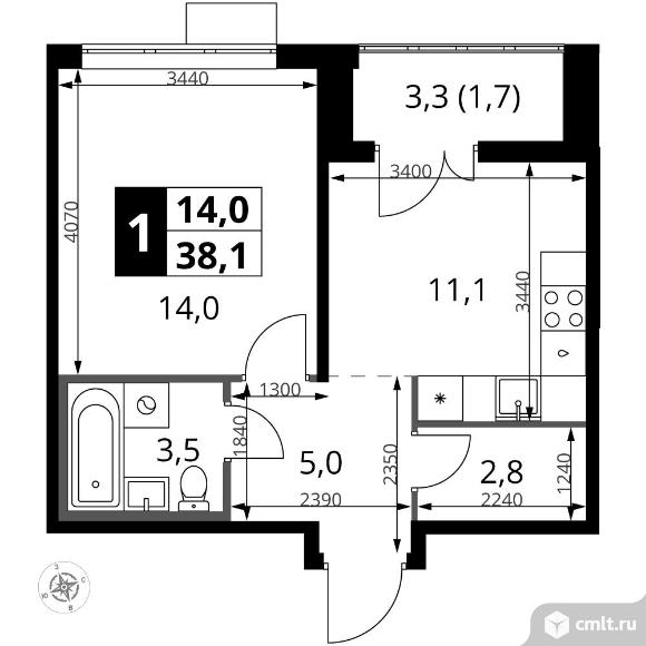 1-комнатная квартира 38,1 кв.м - ЖК "1-й Южный". Фото 1.