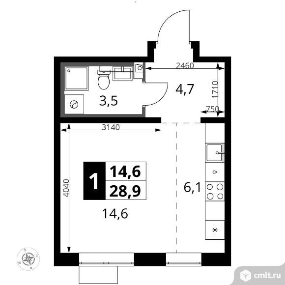 1-комнатная квартира 28,9 кв.м. Фото 1.