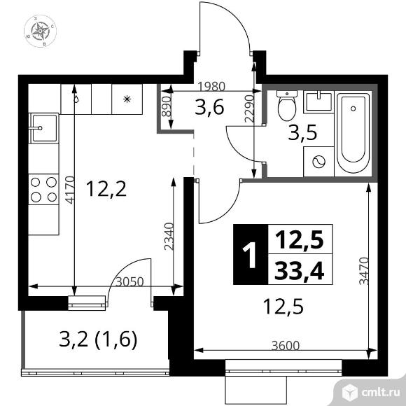 1-комнатная квартира 33,4 кв.м - ЖК "1-й Южный". Фото 1.