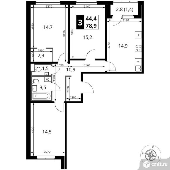 3-комнатная квартира 78,9 кв.м. Фото 1.