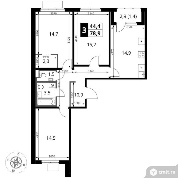 3-комнатная квартира 78,9 кв.м - ЖК "1-й Ясеневский". Фото 1.