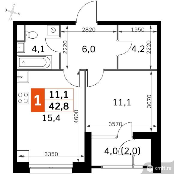 1-комнатная квартира 42,8 кв.м - ЖК "Sky Garden". Фото 1.