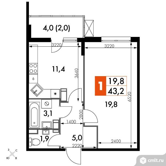 1-комнатная квартира 43,2 кв.м - ЖК «Олимп». Фото 1.