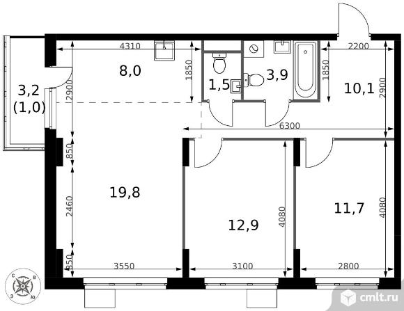 3-комнатная квартира 68,9 кв.м - ЖК "1-й Донской". Фото 1.