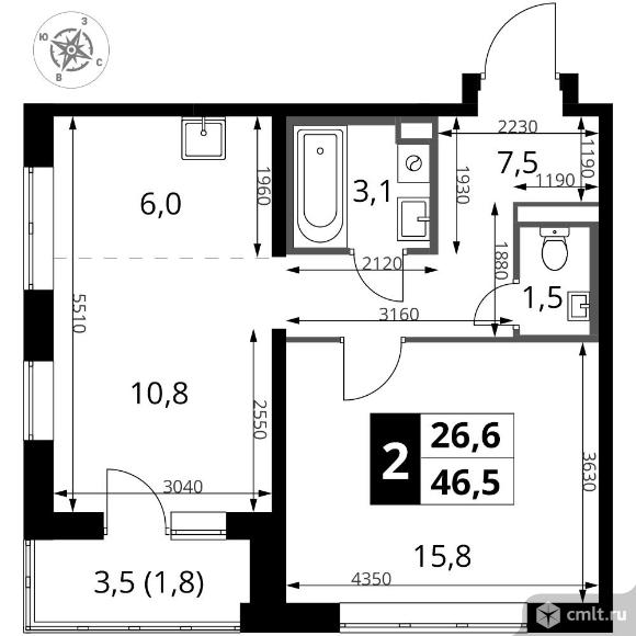 2-комнатная квартира 46,5 кв.м - ЖК "1-й Донской". Фото 1.