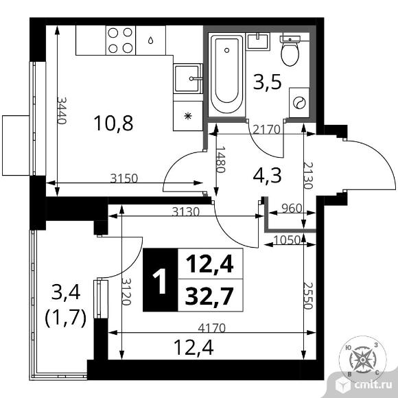 1-комнатная квартира 32,7 кв.м - ЖК "1-й Шереметьевский". Фото 1.