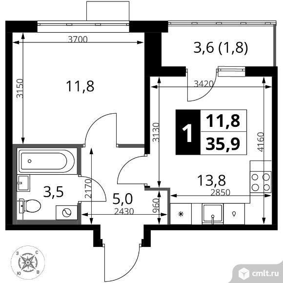 1-комнатная квартира 35,9 кв.м - ЖК "1-й Шереметьевский". Фото 1.