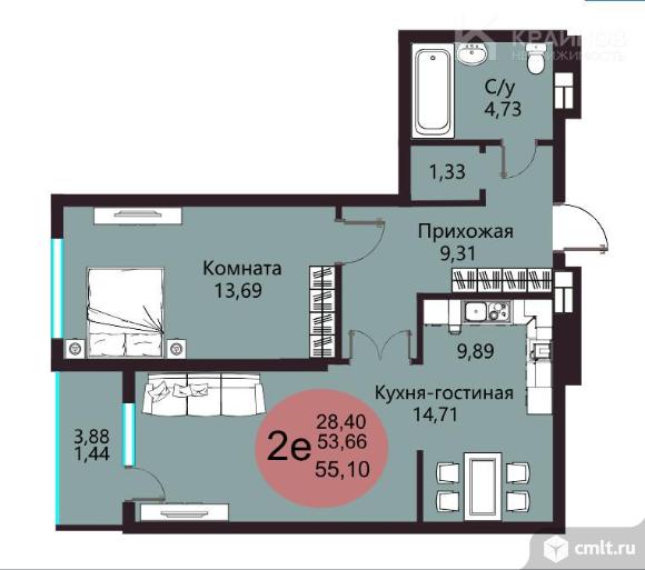 1-комнатная квартира 53,1 кв.м. Фото 8.