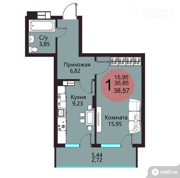 1-комнатная квартира 35,8 кв.м. Фото 10.